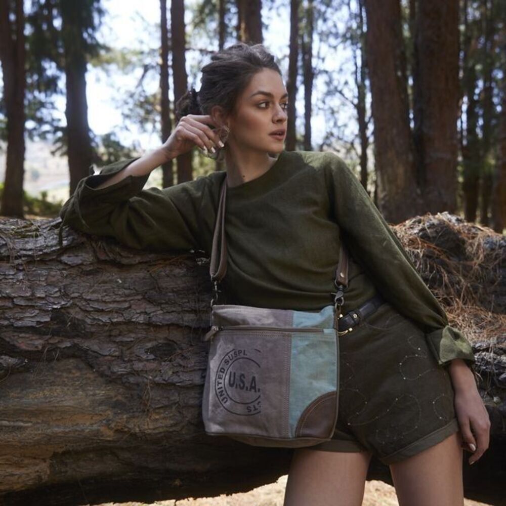 Myra Bag Handmade Dusken Shoulder Bag Upcycled Canvas & Cowhide Leather